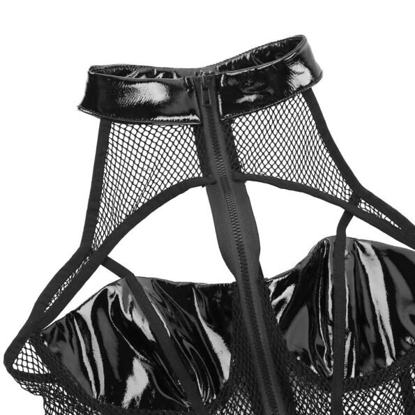 See Through Fishnet Sleeveless PU Leather Bust High Cut Teddy-5703