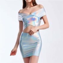 Shiny Laser Hollow Out Patchwork Low Cut Dresse-0