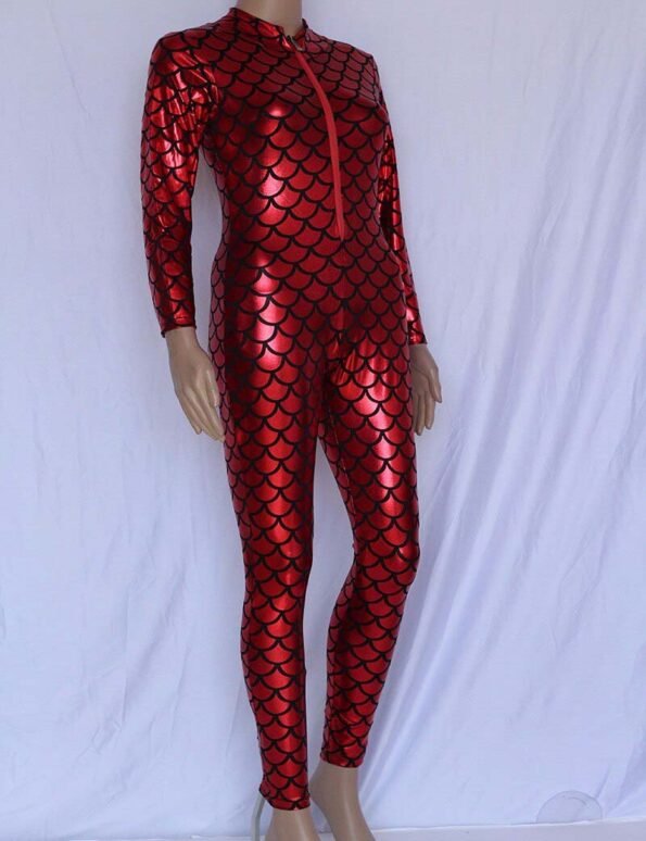 Vinyl Leather Shiny Metallic Latex Mermaid Catsuit-4474