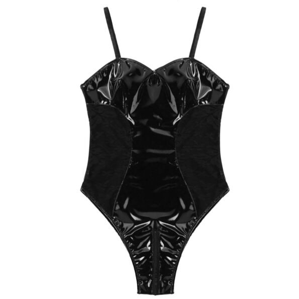 Wet Look Metallic Rave Zipper Crotchless Leotard Bodysuit-6343