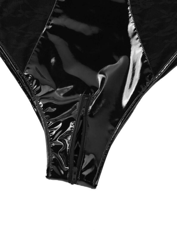 Wet Look Metallic Rave Zipper Crotchless Leotard Bodysuit-6346