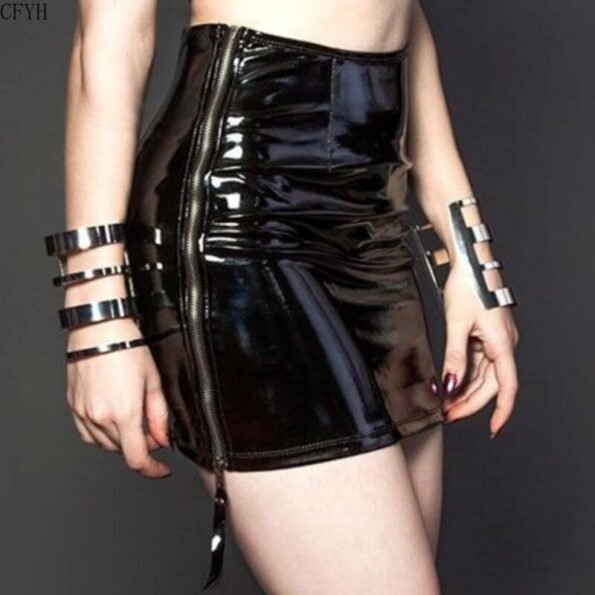 Wet Look PVC Faux Leather Zipper Pencil Mini Skirt-0