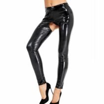 Wet Look Patent Leather Open Crotch Pants Skinny Stretchy Crotchless Leggings-0