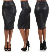 Wetlook Vinyl Leather Pencil High Waist Bodycon Skirt-4655