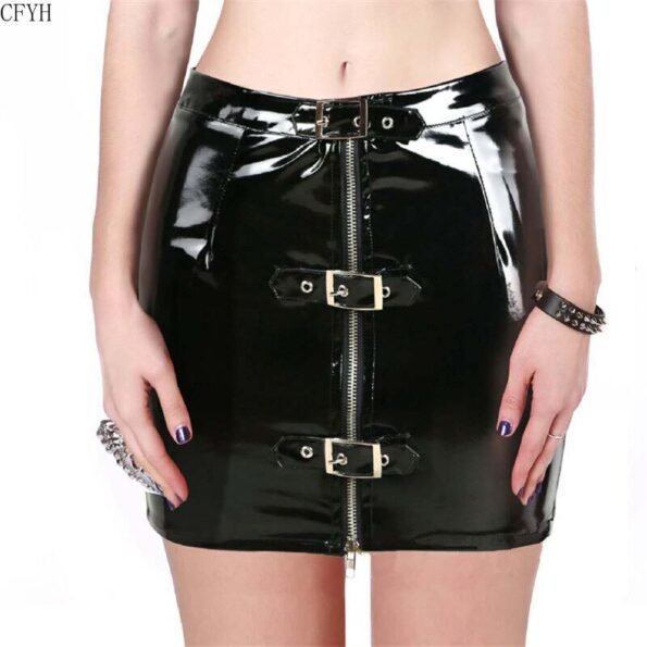 Zip Up Buckled Wet Look PVC Slim Pencil Skirt-0