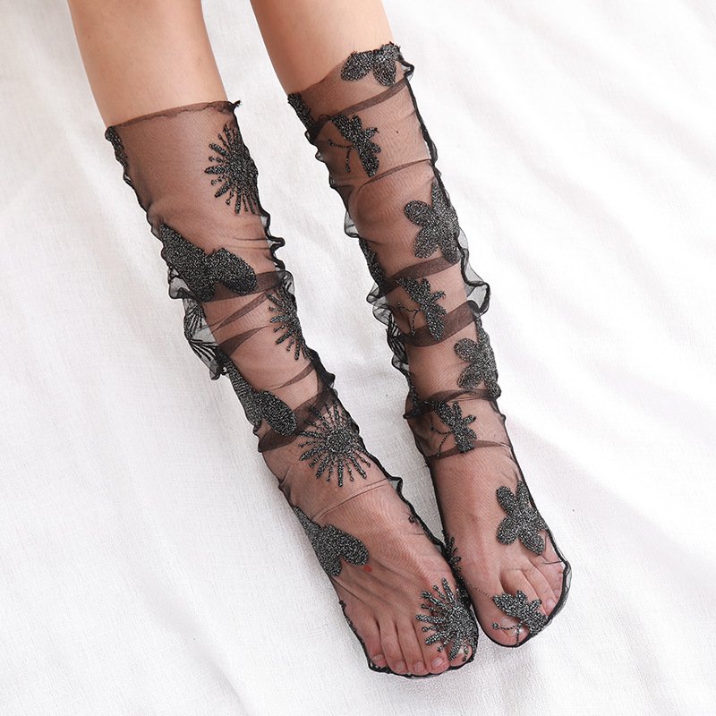 Crossdresser Heart Feather Tulle Thin Long Socks