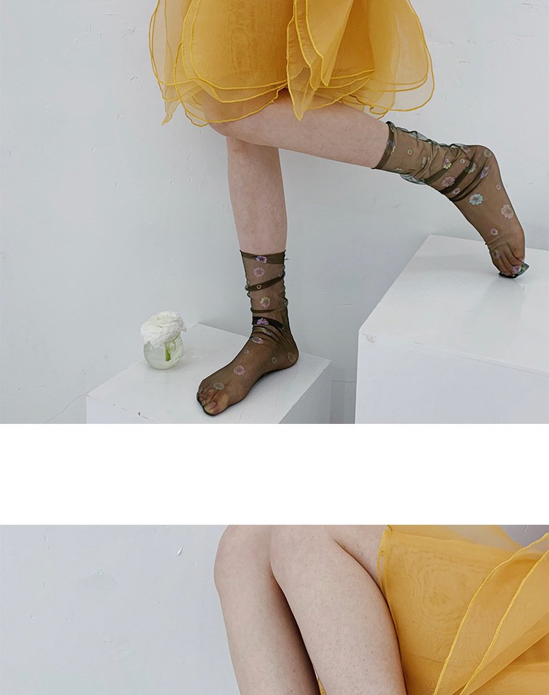 Crossdresser Shine Ultra-thin Tulle Transparent Flower Chiffon Socks