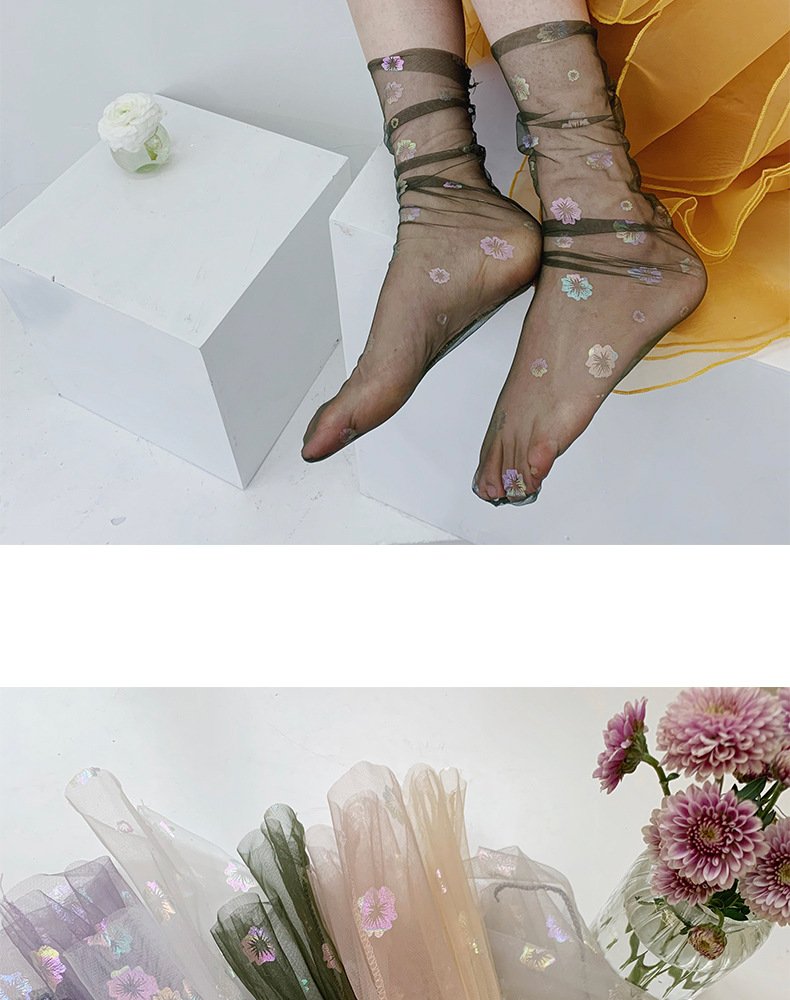 Crossdresser Shine Ultra-thin Tulle Transparent Flower Chiffon Socks