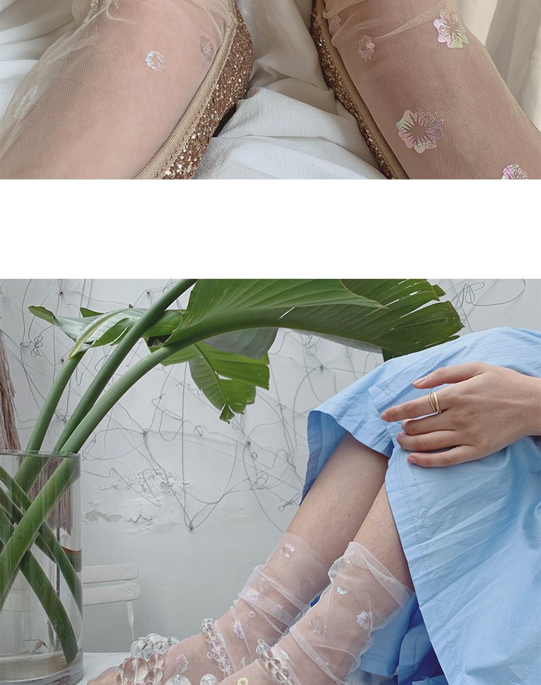 Crossdresser Shine Ultra-thin Tulle Transparent Flower Chiffon Socks