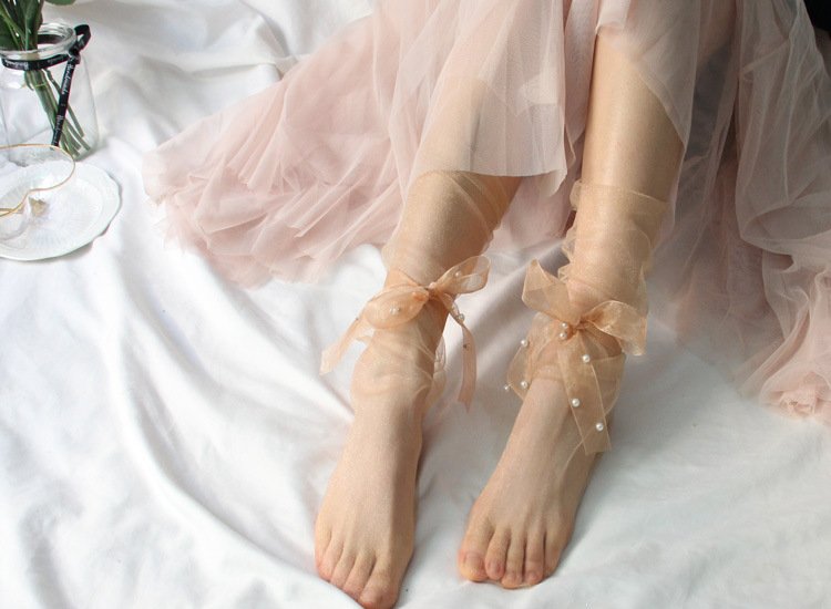 Crossdresser Ultra-Thin Tulle Transparent Pearls Socks