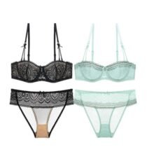 2 Pcs Half Cup Lace Deep V Lingerie Ultra-Thin Bra and Panty Sets-0