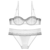 2 Pcs Half Cup Lace Deep V Lingerie Ultra-Thin Bra and Panty Sets-8095