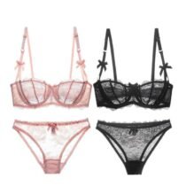 2 Set Lace Ultra-Thin Transparent Half Cup For Women Bra Panty Set-0