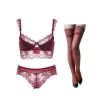 3Pcs Lace Floral Thin Cotton Cup Five Buckle Bra Panty Stockings Set-0