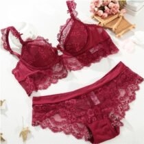 3Pcs Lace Floral Thin Cotton Cup Five Buckle Bra Panty Stockings Set-8441