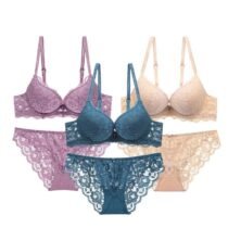 3 Pcs Lace Push Up Set Solid Flower Underwire Underwear Bra and Panty Set-0