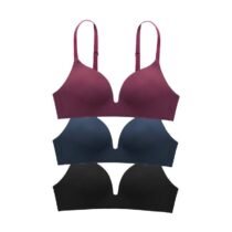 3 Pcs Ladies Push Up Seamless Underwear Solid Wire Free Deep V Bras-0