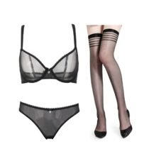 3 Pcs Solid Unlined Underwear Adjusted-Straps Bra Panty Stockings Set-0