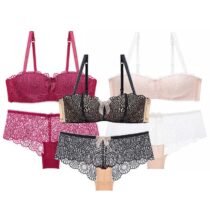 3 Sets 1 2 Cup Sexy Lace Wire Free Push Up Bra Panty Underwear Set-0