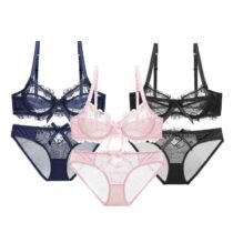 3 Sets Slim Lace Underwire Floral Transparent Bra Set-0