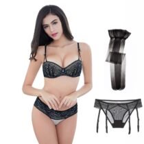 4 Pcs Half Cup Underwire Undewear Lace Bra Panties Stockings Set-0