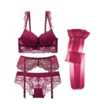 4pcs Lace Push Up Deep V 3 4 Cup Bras Garters Panties Stockings Underwear Set-0