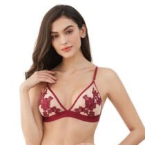 Deep V Unlined Embroidery Underwear Wire Free Yarn Comfortable Bras-0