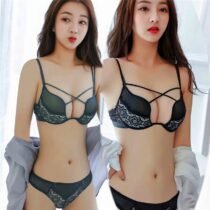 Gather Comfortable Lace Front Cross Belt Sexy Lady Bra Underwear Set-0