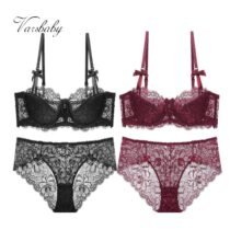 Half Cup Push Up Lace-trim Plunge Lace Flora Bra and Panty Set-0