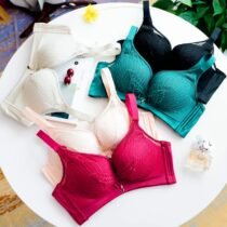 Lace Flora Thickening Gather Adjustment Push Up Bra Underwear Set-0