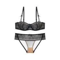 Lace Floral Underwear Ultra-Thin Half Cup Bra and Panty Set-0