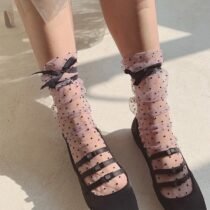 Polka Dot Ultra-thin Long Lace Up Socks-0