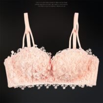 Rose Lace Deep V Gather Brassiere Embroidery Push up Pink Bra Panties Set-0