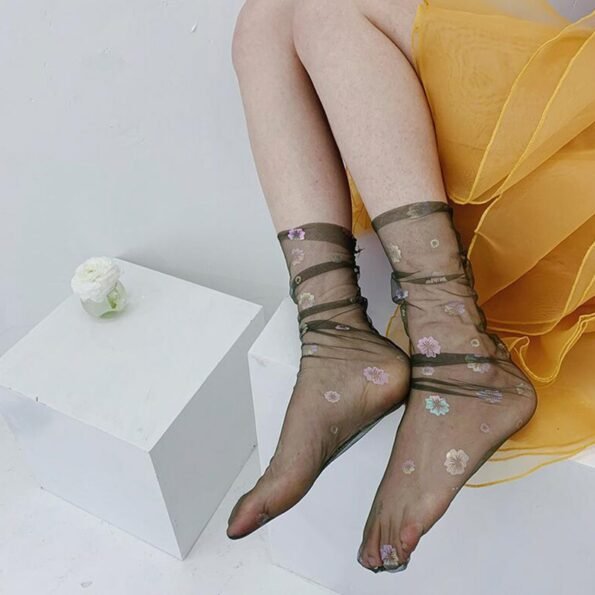 Shine Ultra-thin Tulle Transparent Flower Chiffon Socks-12876