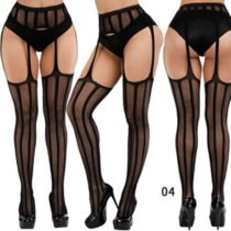 Solid Striped Garter Fishnet Open Crotch Pantyhose-0