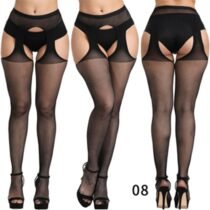 Solid Striped Garter Fishnet Open Crotch Pantyhose-13261