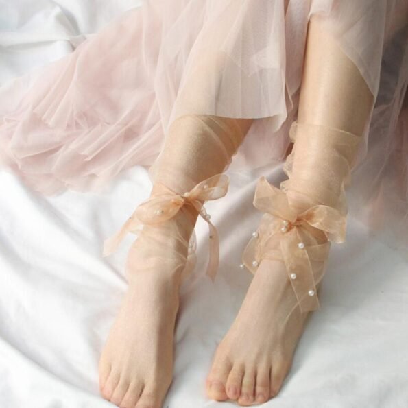 Ultra-Thin Tulle Transparent Pearls Socks-14234