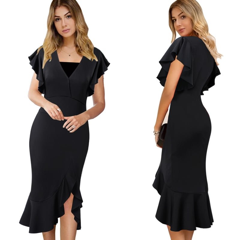 Crossdresser Elegant Deep V Neck Ruffle Sleeves Slim Mermaid Fishtail Midi Dress