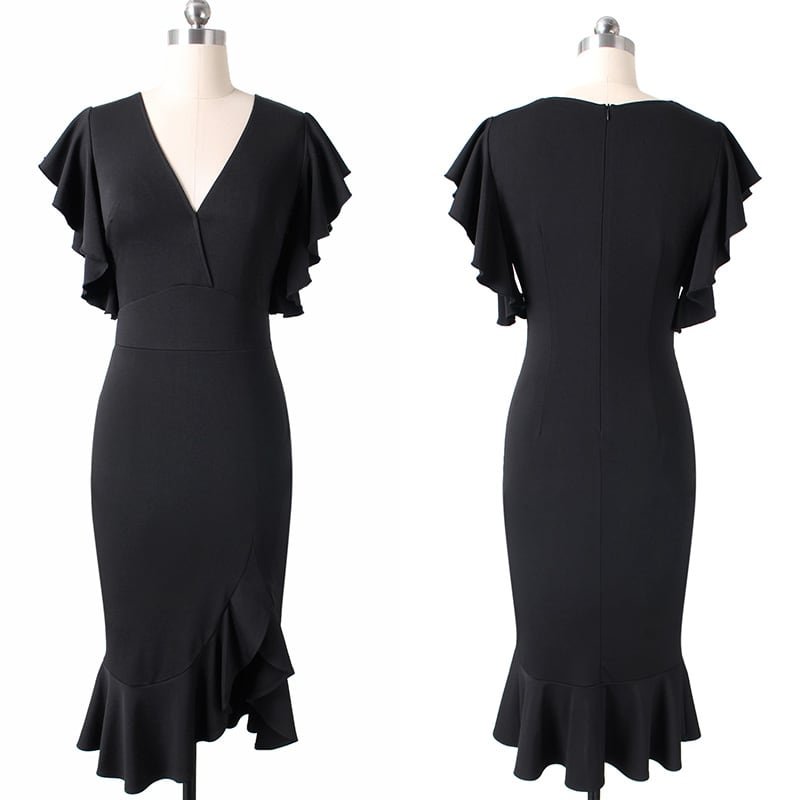 Crossdresser Elegant Deep V Neck Ruffle Sleeves Slim Mermaid Fishtail Midi Dress