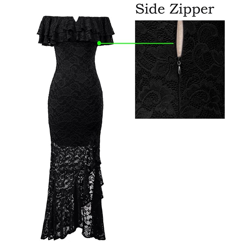 Crossdresser Floral Lace Off Shoulder Double Layered Ruffles Maxi Long Dress