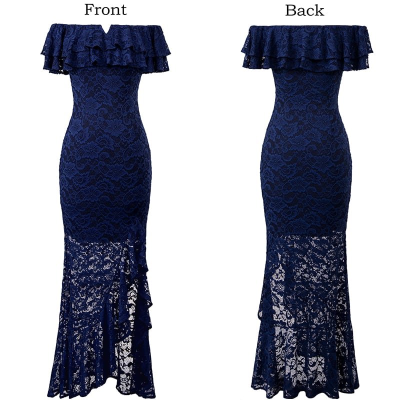 Crossdresser Floral Lace Off Shoulder Double Layered Ruffles Maxi Long Dress