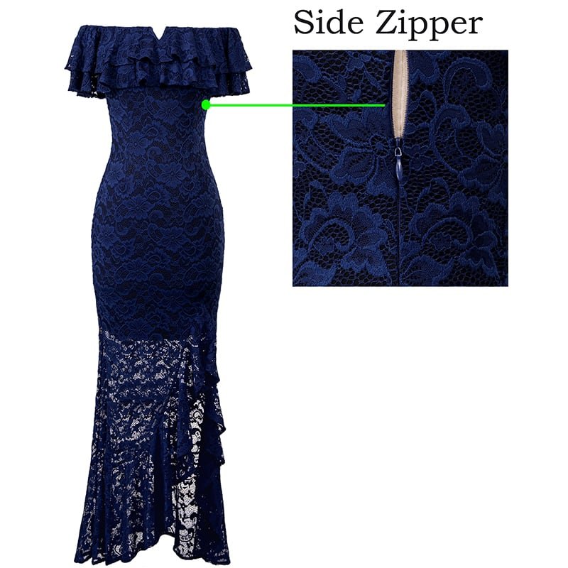 Crossdresser Floral Lace Off Shoulder Double Layered Ruffles Maxi Long Dress