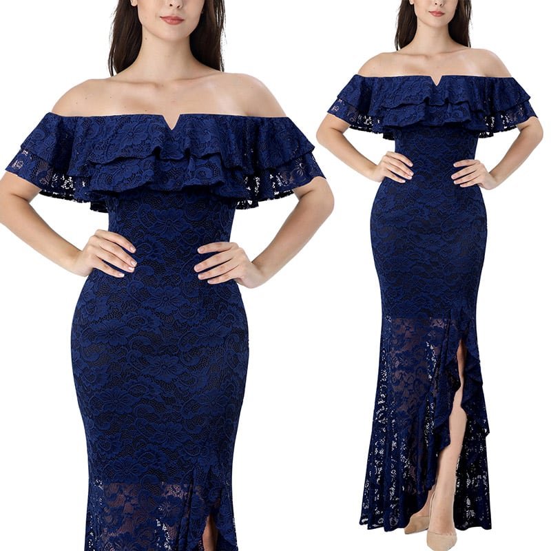 Crossdresser Floral Lace Off Shoulder Double Layered Ruffles Maxi Long Dress