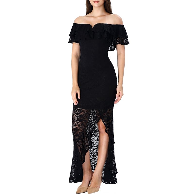 Crossdresser Floral Lace Off Shoulder Double Layered Ruffles Maxi Long Dress