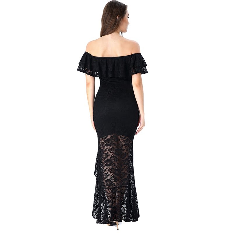 Crossdresser Floral Lace Off Shoulder Double Layered Ruffles Maxi Long Dress