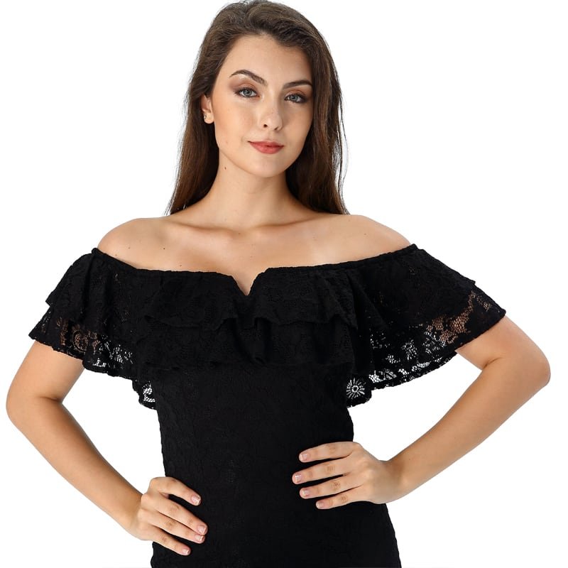 Crossdresser Floral Lace Off Shoulder Double Layered Ruffles Maxi Long Dress