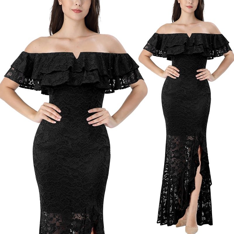 Crossdresser Floral Lace Off Shoulder Double Layered Ruffles Maxi Long Dress