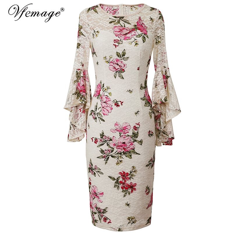 Crossdresser Elegant Lace Solid Flare Bell Sleeve Fashion Vintage Dress