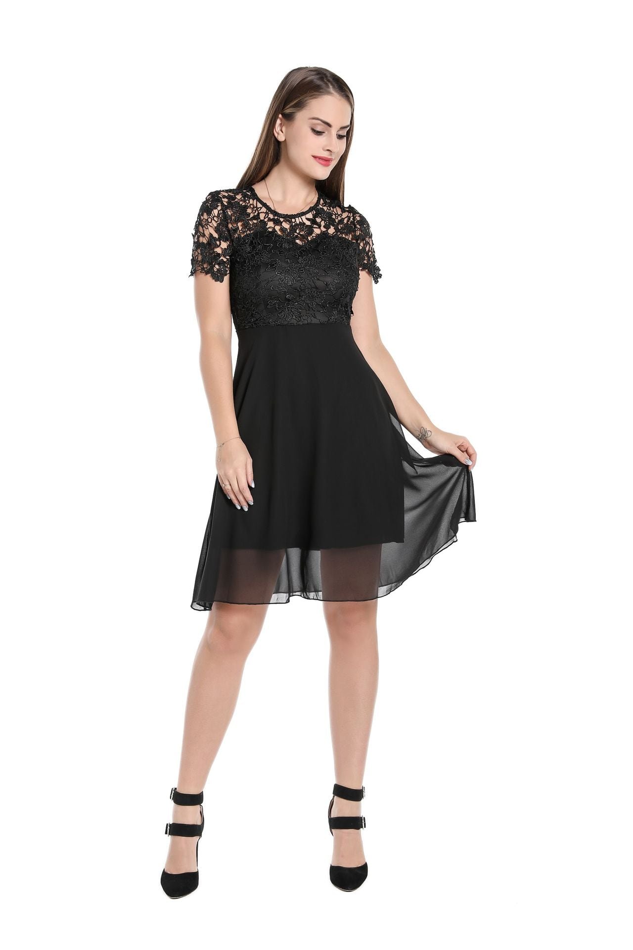 Crossdresser 2020 Summer Black Style Lace Patchwork Chiffon Women Midi Dress Short Sleeves Vintage Lace Dress Party Robe Swing Vestidos Femme