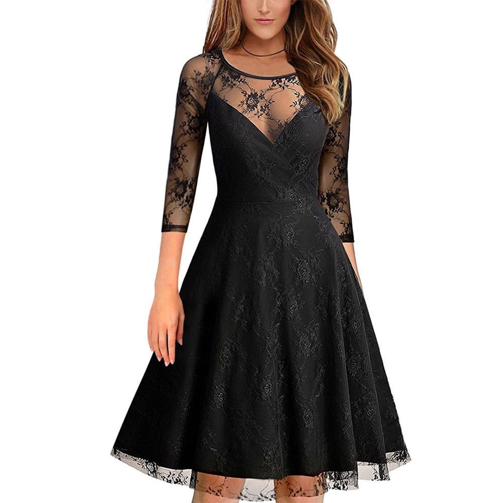 Crossdresser V-Neck Vintage Casual Solid Lace Cocktail Party A-Line Swing Dress